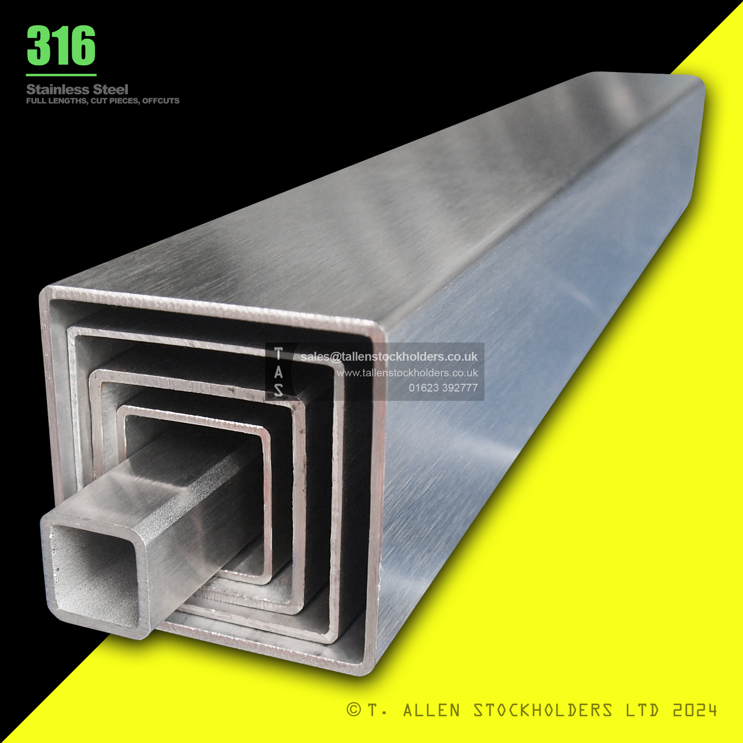 20 X 10 X 1.2 RECTANGULAR BOX SECTION, RHS, 316 STAINLESS STEEL, DULL POLISHED (1.4401 / 1.4404)