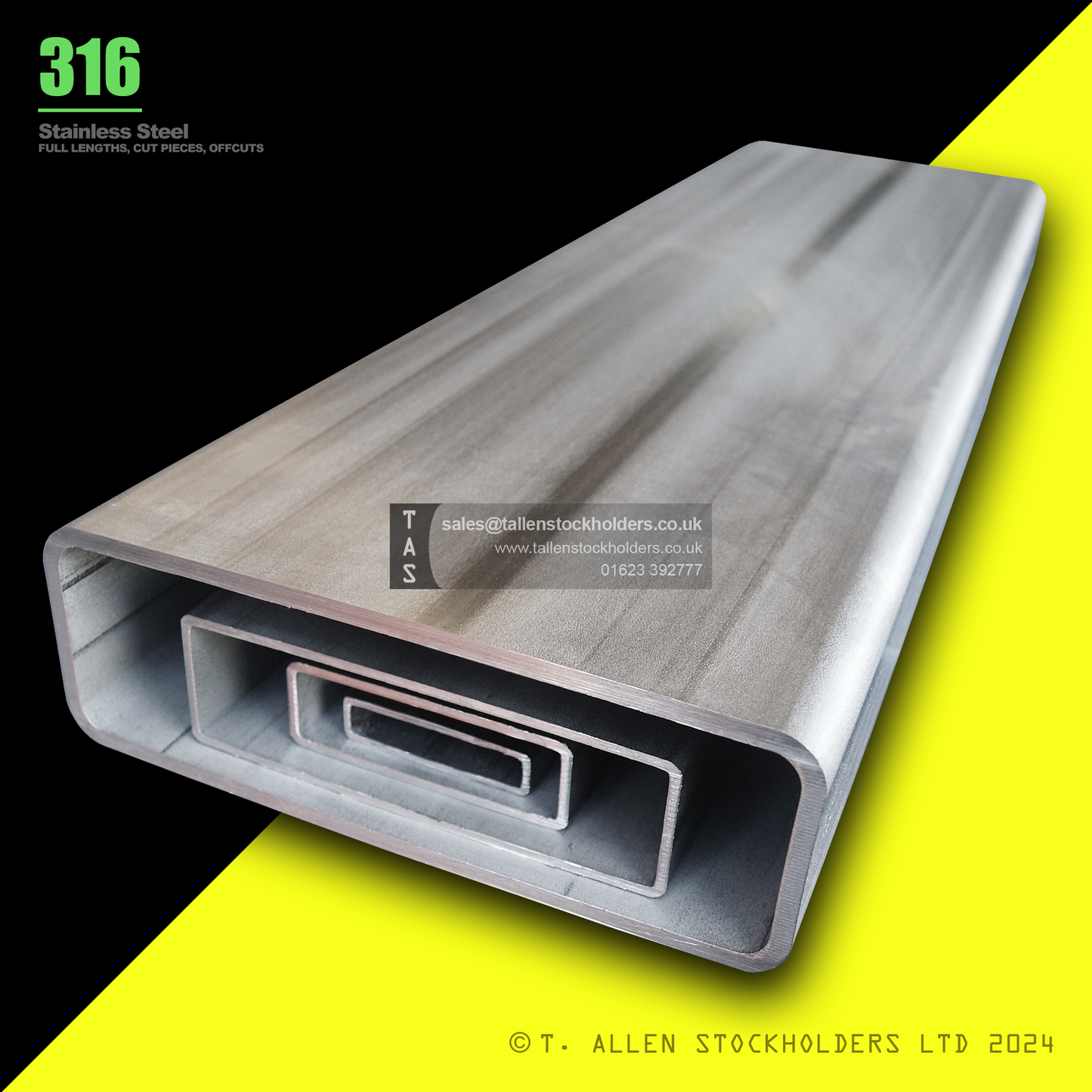 20 X 10 X 1.2 RECTANGULAR BOX SECTION, RHS, 316 STAINLESS STEEL, DULL POLISHED (1.4401 / 1.4404)