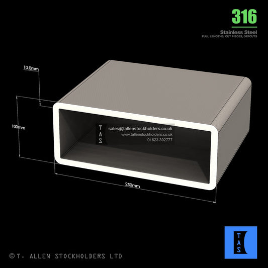 BUY 250 X 100 X 10 RECTANGULAR BOX SECTION, GRADE 316 STAINLESS STEEL