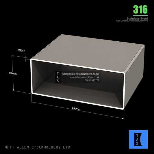 BUY 250 X 100 X 4 RECTANGULAR BOX SECTION, GRADE 316 STAINLESS STEEL