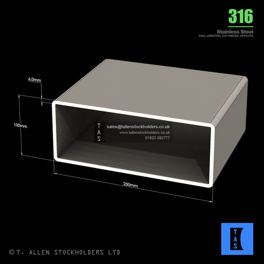 BUY 250 X 100 X 6 RECTANGULAR BOX SECTION, GRADE 316 STAINLESS STEEL