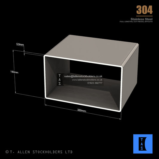 250 X 150 X 5 RECTANGULAR BOX SECTION, RHS, 304 STAINLESS STEEL