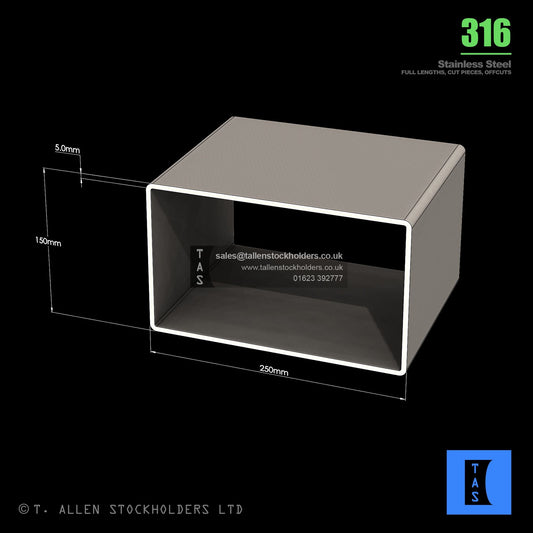 BUY 250 X 150 X 5 RECTANGULAR BOX SECTION, GRADE 316 STAINLESS STEEL