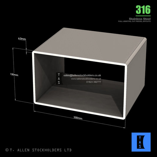 BUY 250 X 150 X 6 RECTANGULAR BOX SECTION, GRADE 316 STAINLESS STEEL