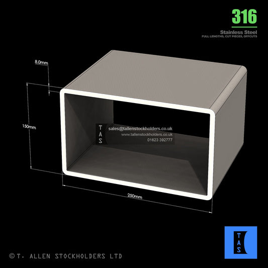 BUY 250 X 150 X 8 RECTANGULAR BOX SECTION, GRADE 316 STAINLESS STEEL
