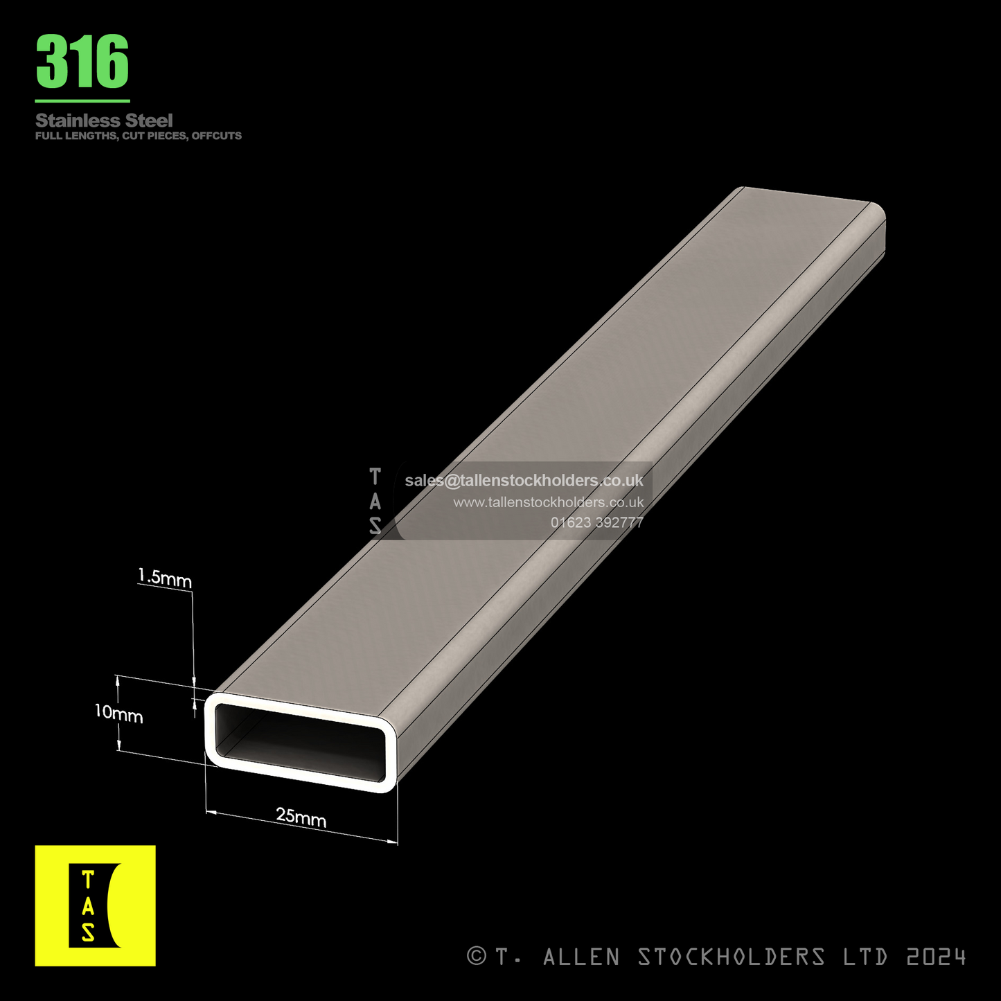 25 X 10 X 1.5 RECTANGULAR BOX SECTION, RHS, 316 STAINLESS STEEL, DULL POLISHED