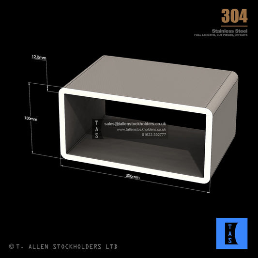 300 X 150 X 12 RECTANGULAR BOX SECTION, RHS, 304 STAINLESS STEEL
