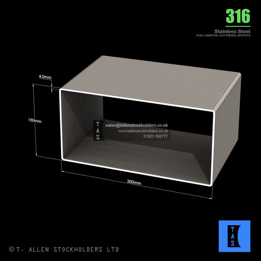 BUY 300 X 150 X 4 RECTANGULAR BOX SECTION, GRADE 316 STAINLESS STEEL