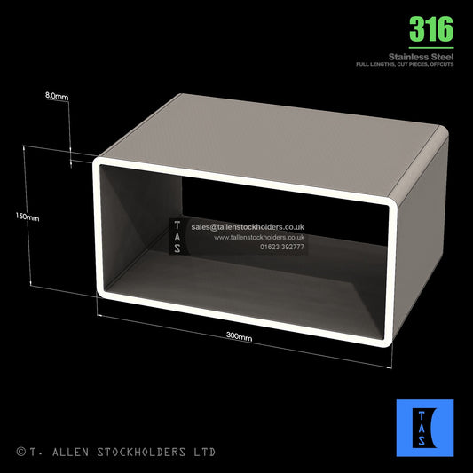 BUY 300 X 150 X 8 RECTANGULAR BOX SECTION, GRADE 316 STAINLESS STEEL