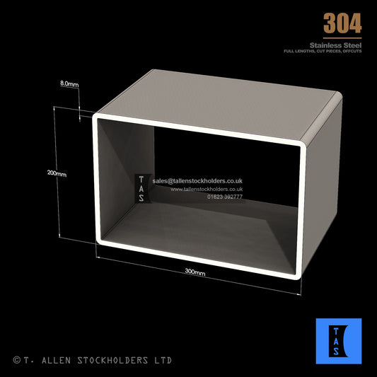 300 X 200 X 8 RECTANGULAR BOX SECTION, RHS, 304 STAINLESS STEEL