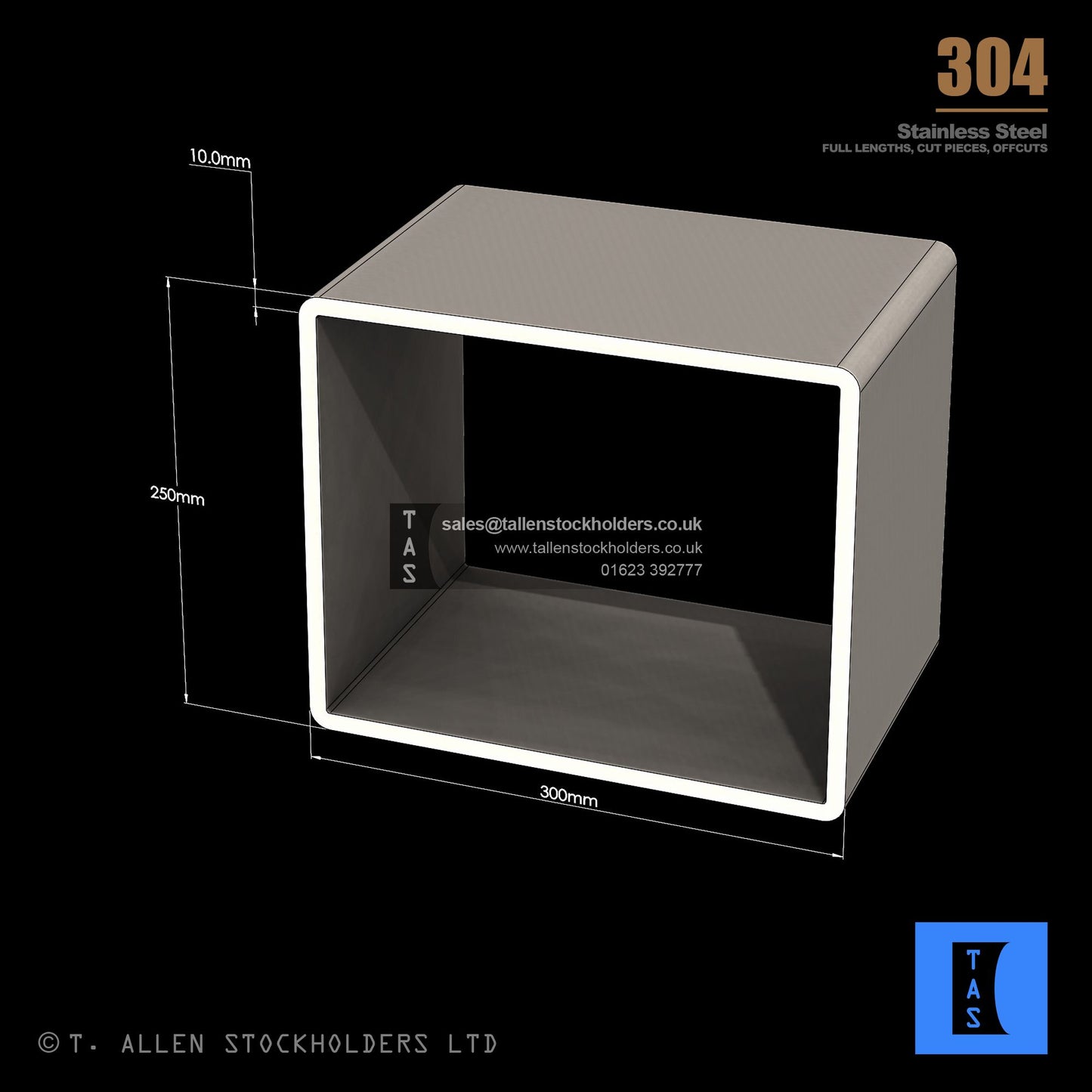 300 X 250 X 10 RECTANGULAR BOX SECTION, RHS, 304 STAINLESS STEEL