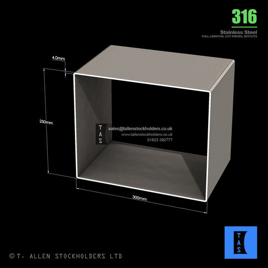 BUY 300 X 250 X 4 RECTANGULAR BOX SECTION, GRADE 316 STAINLESS STEEL