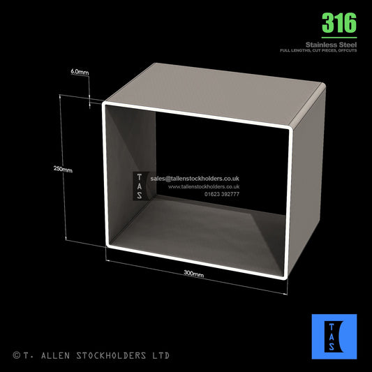 BUY 300 X 250 X 6 RECTANGULAR BOX SECTION, GRADE 316 STAINLESS STEEL