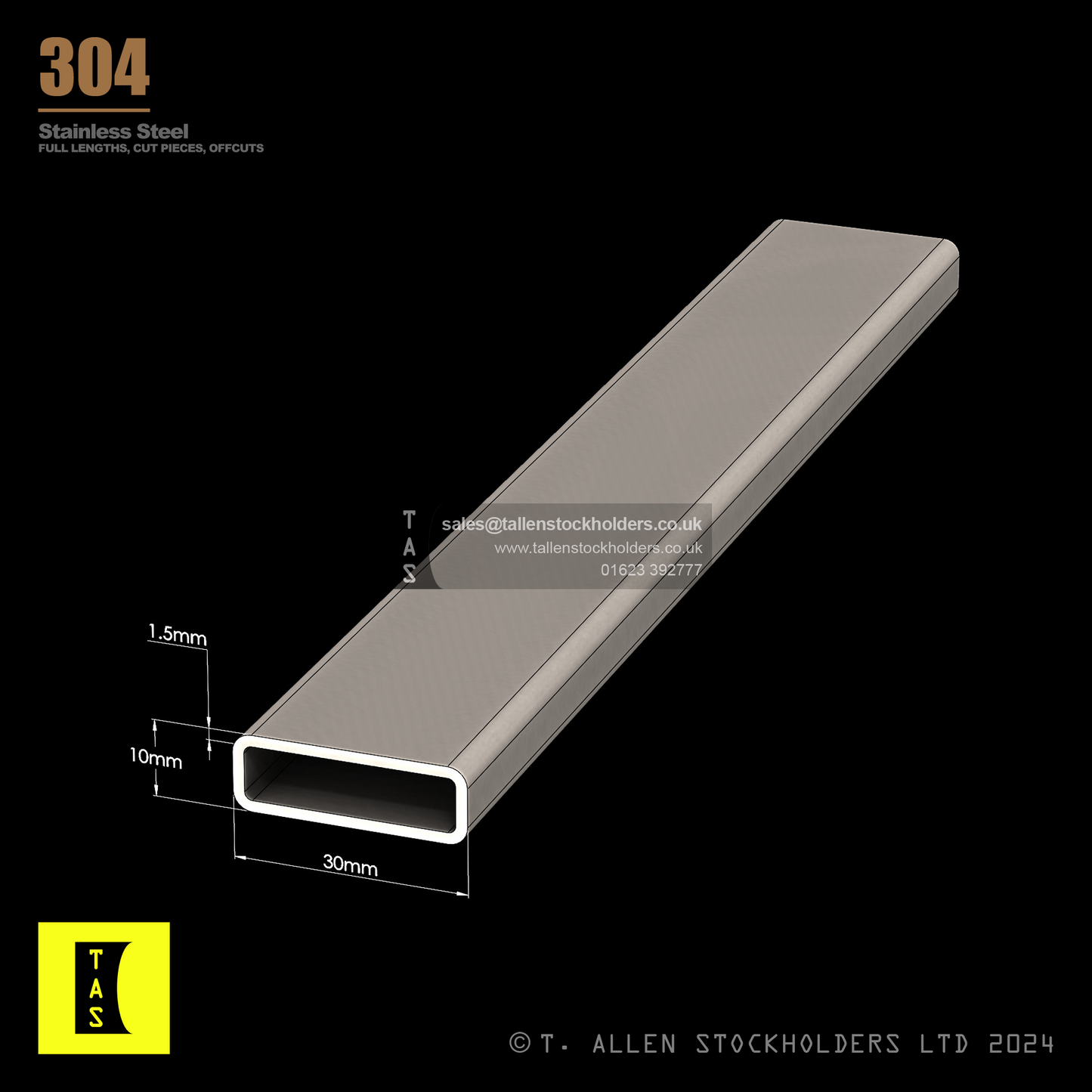 30 X 10 X 1.5 RECTANGULAR BOX SECTION, RHS, 304 STAINLESS STEEL, DULL POLISHED (1.4301 / 1.4307)