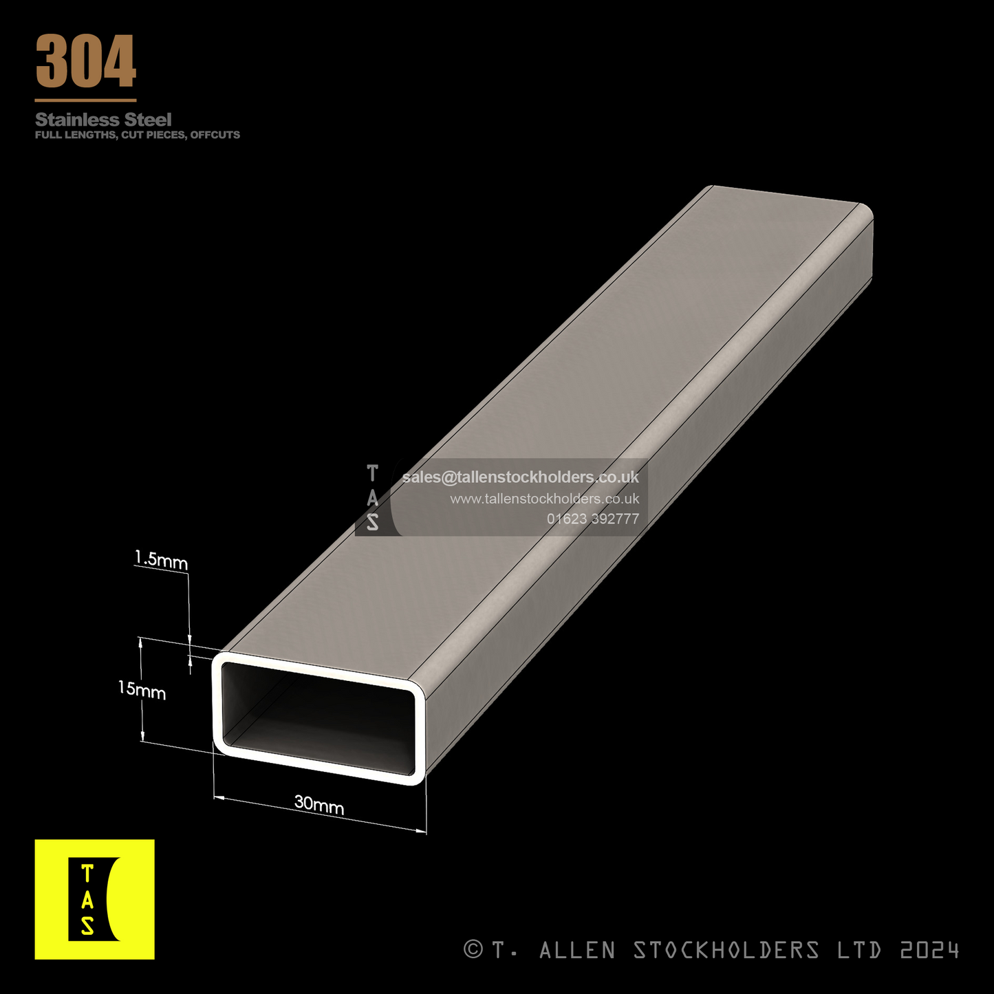 30 X 15 X 1.5 RECTANGULAR BOX SECTION, RHS, 304 STAINLESS STEEL, DULL POLISHED (1.4301 / 1.4307)