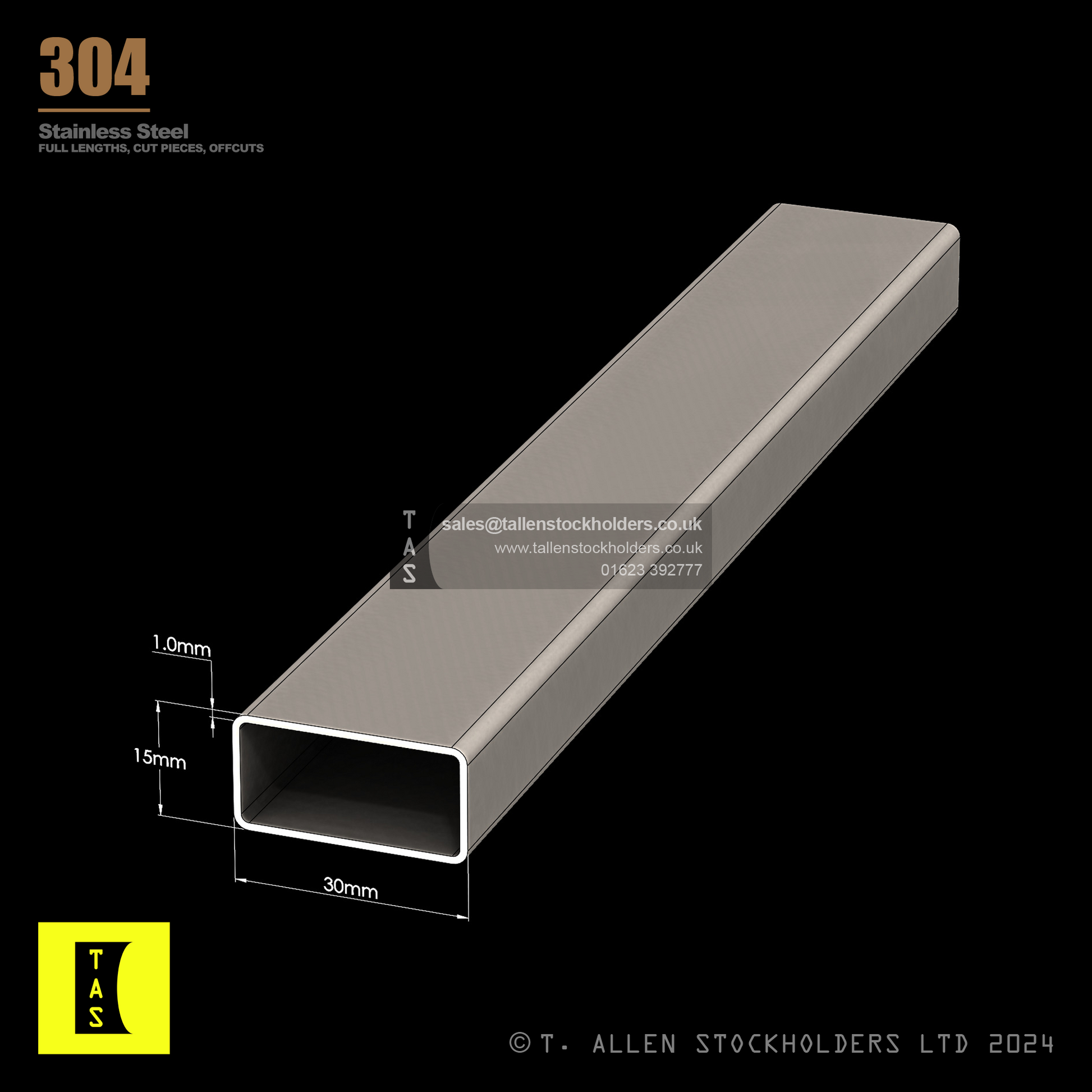 30 X 15 X 1 RECTANGULAR BOX SECTION, RHS, 304 STAINLESS STEEL, DESCALED (1.4301 / 1.4307)