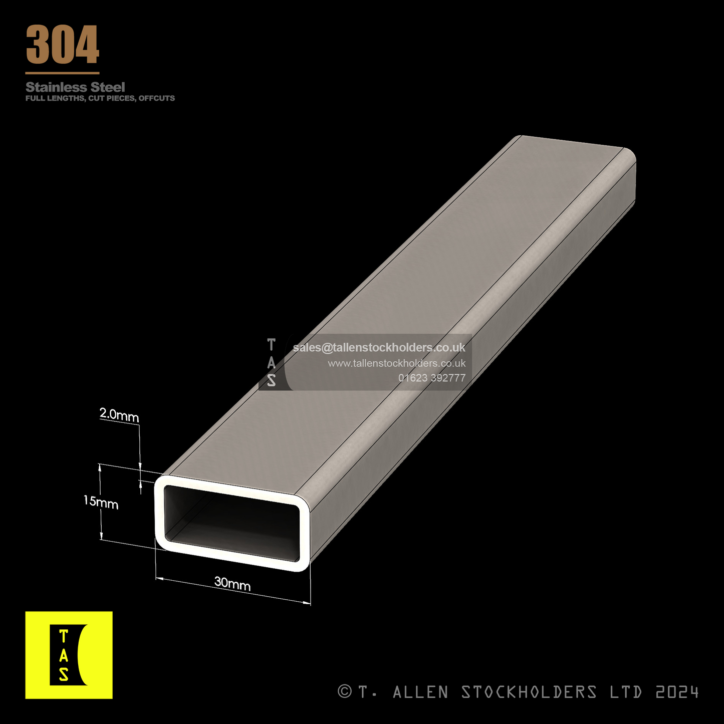 30 X 15 X 2 RECTANGULAR BOX SECTION, RHS, 304 STAINLESS STEEL, DULL POLISHED (1.4301 / 1.4307)