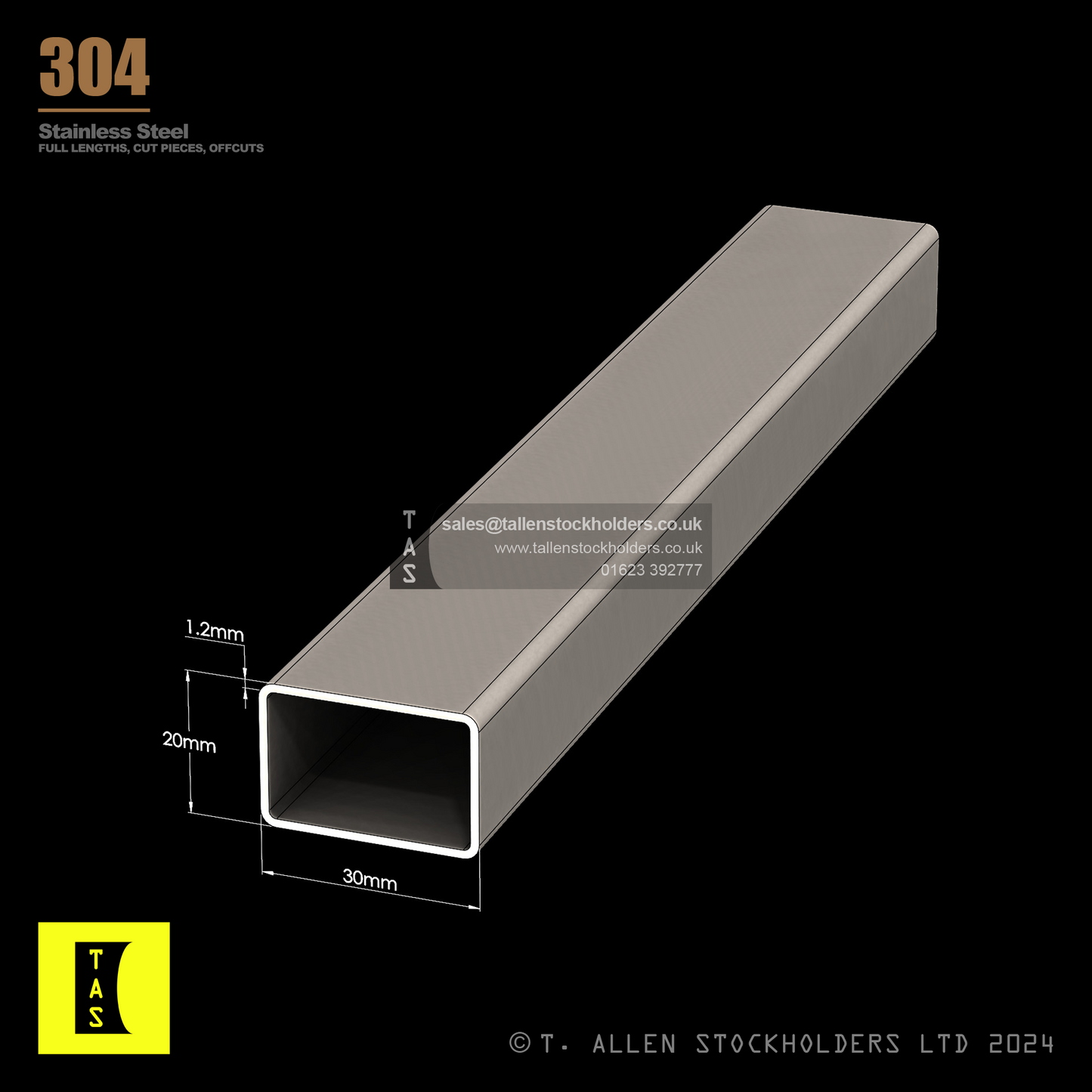 30 X 20 X 1.2 RECTANGULAR BOX SECTION, RHS, 304 STAINLESS STEEL, DESCALED (1.4301 / 1.4307)