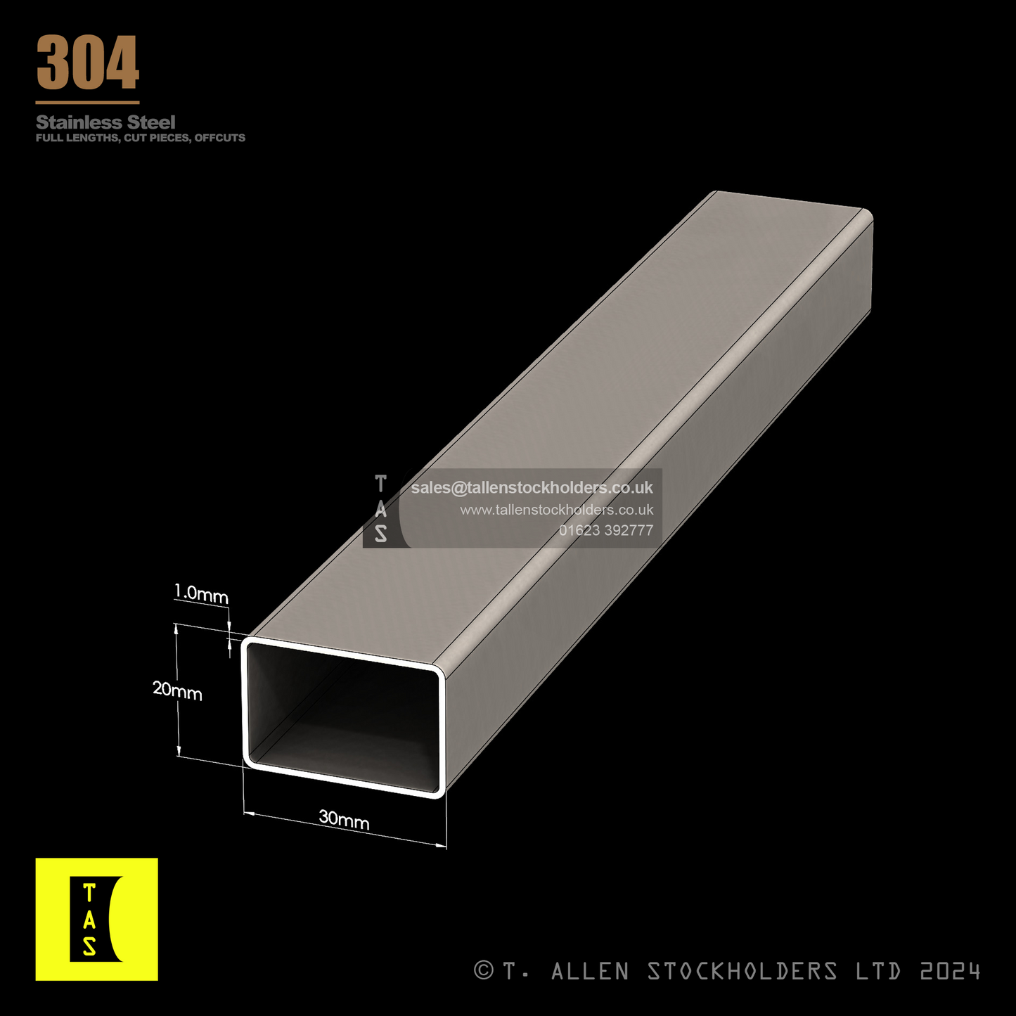 30 X 20 X 1 RECTANGULAR BOX SECTION, RHS, 304 STAINLESS STEEL, DESCALED (1.4301 / 1.4307)