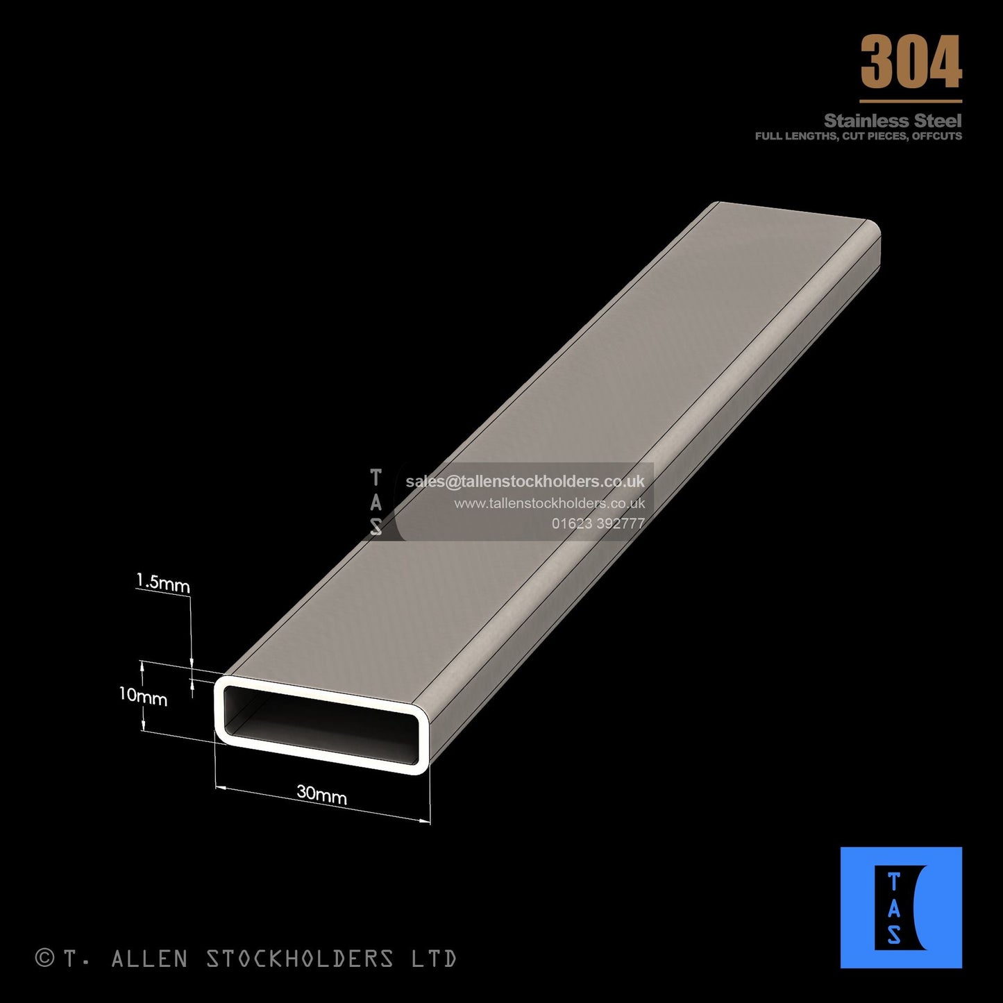 30 X 10 X 1.5 RECTANGULAR BOX SECTION, RHS, 304 STAINLESS STEEL