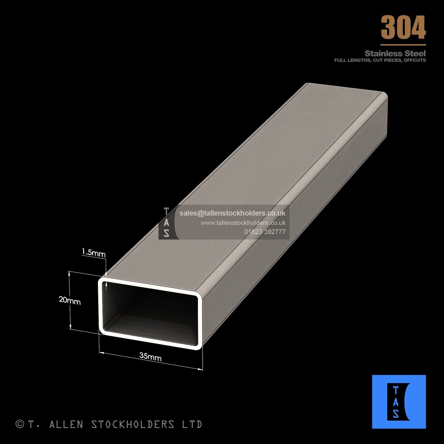 35 X 20 X 1.5 RECTANGULAR BOX SECTION, RHS, 304 STAINLESS STEEL