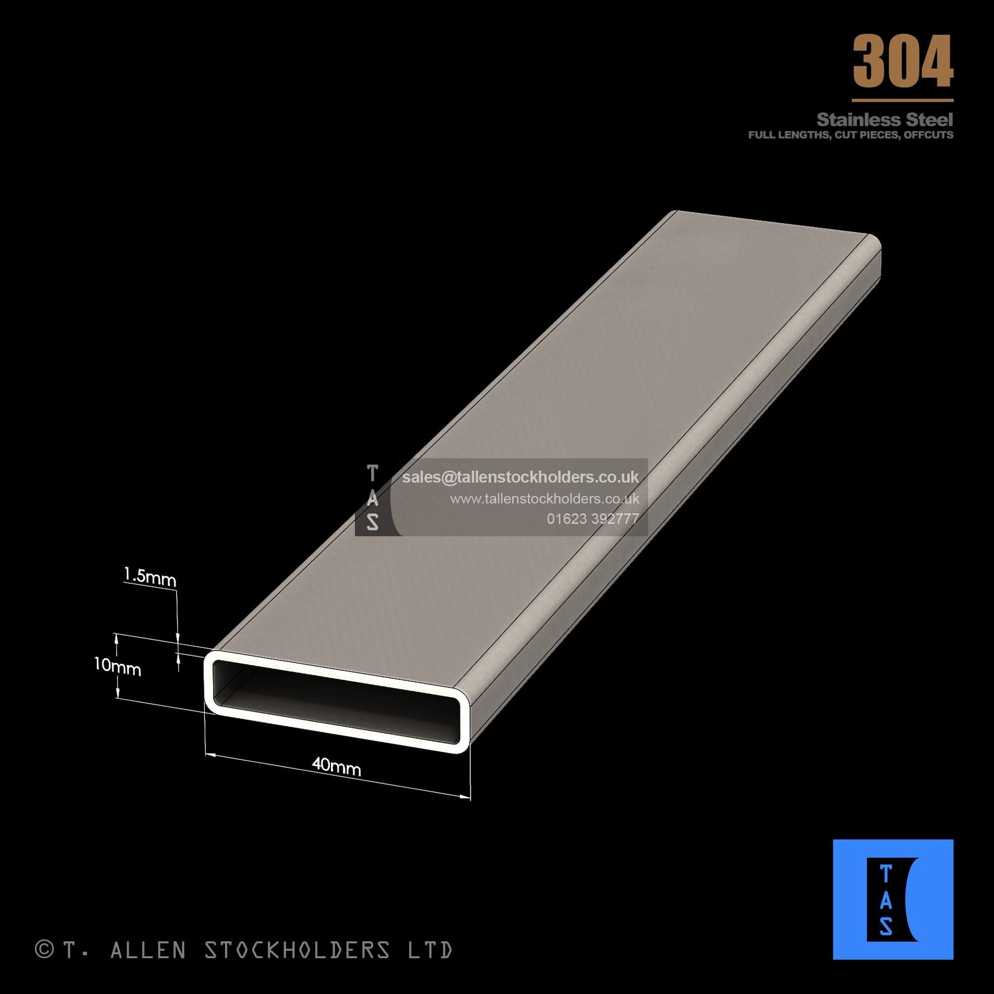40 X 10 X 1.5 RECTANGULAR BOX SECTION, RHS, 304 STAINLESS STEEL