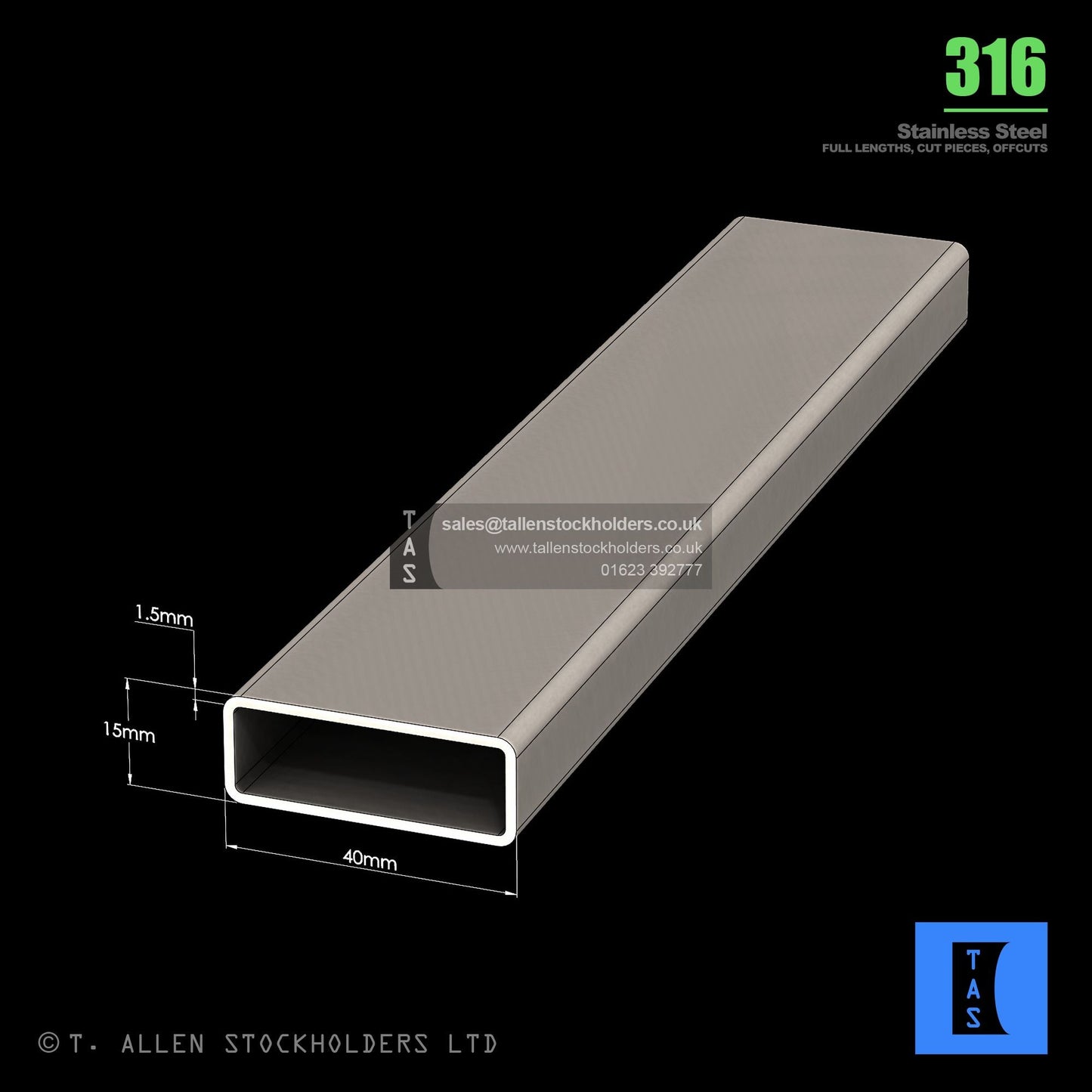 BUY 40 X 15 X 1.5 RECTANGULAR BOX SECTION, GRADE 316 STAINLESS STEEL