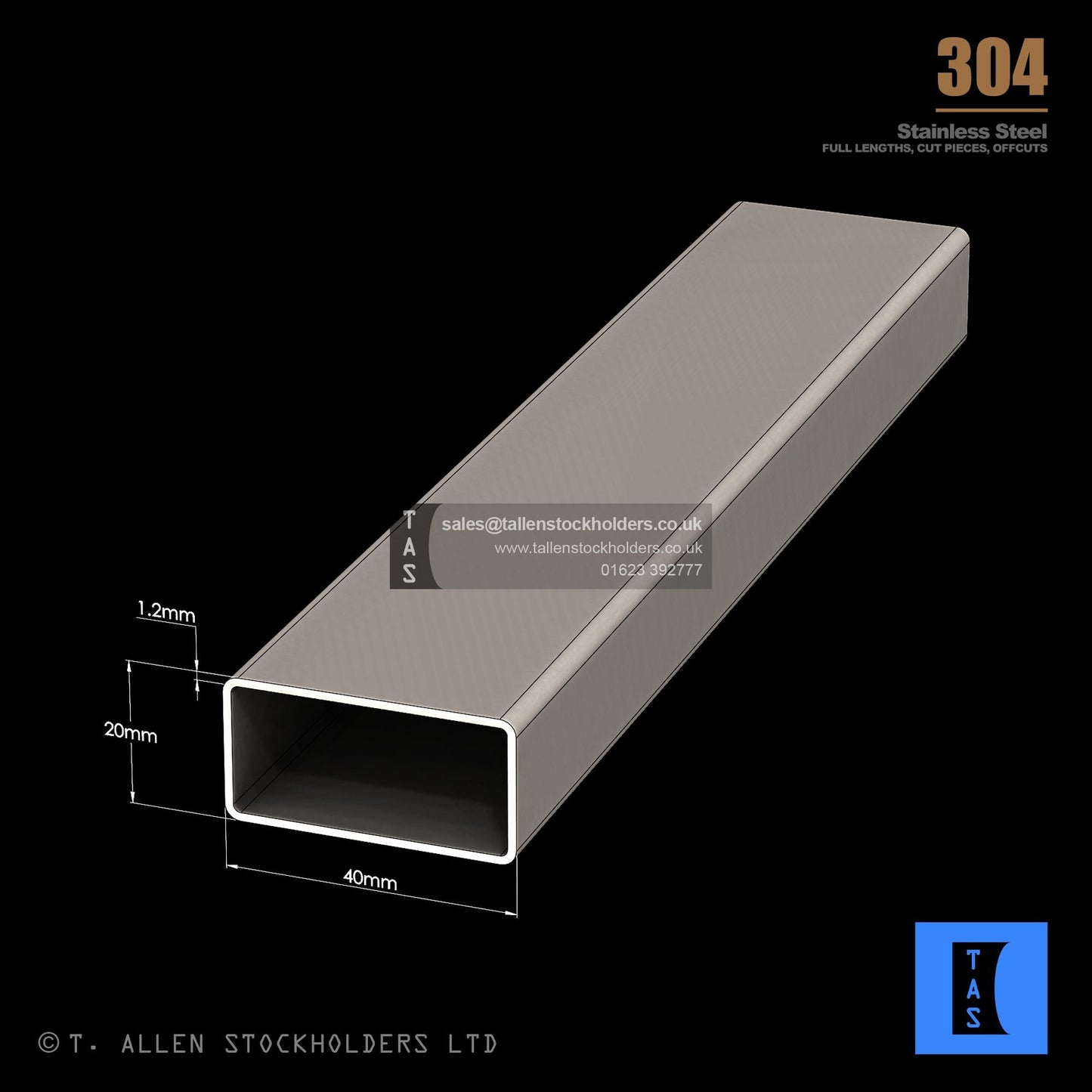 40 X 20 X 1.2 RECTANGULAR BOX SECTION, RHS, 304 STAINLESS STEEL