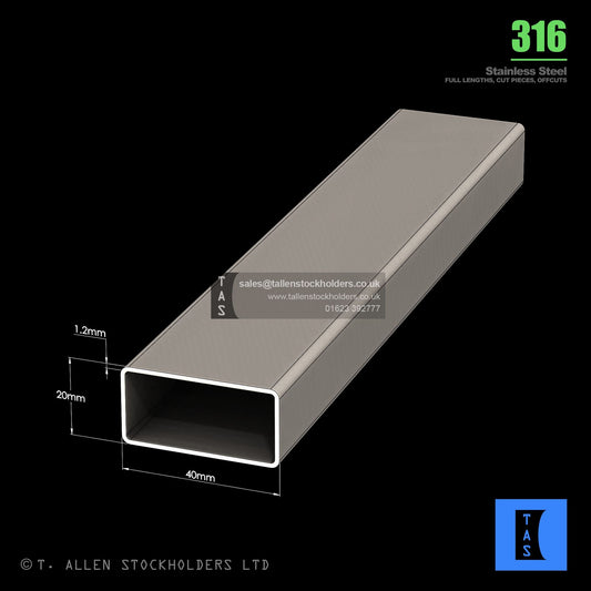 BUY 40 X 20 X 1.2 RECTANGULAR BOX SECTION, GRADE 316 STAINLESS STEEL