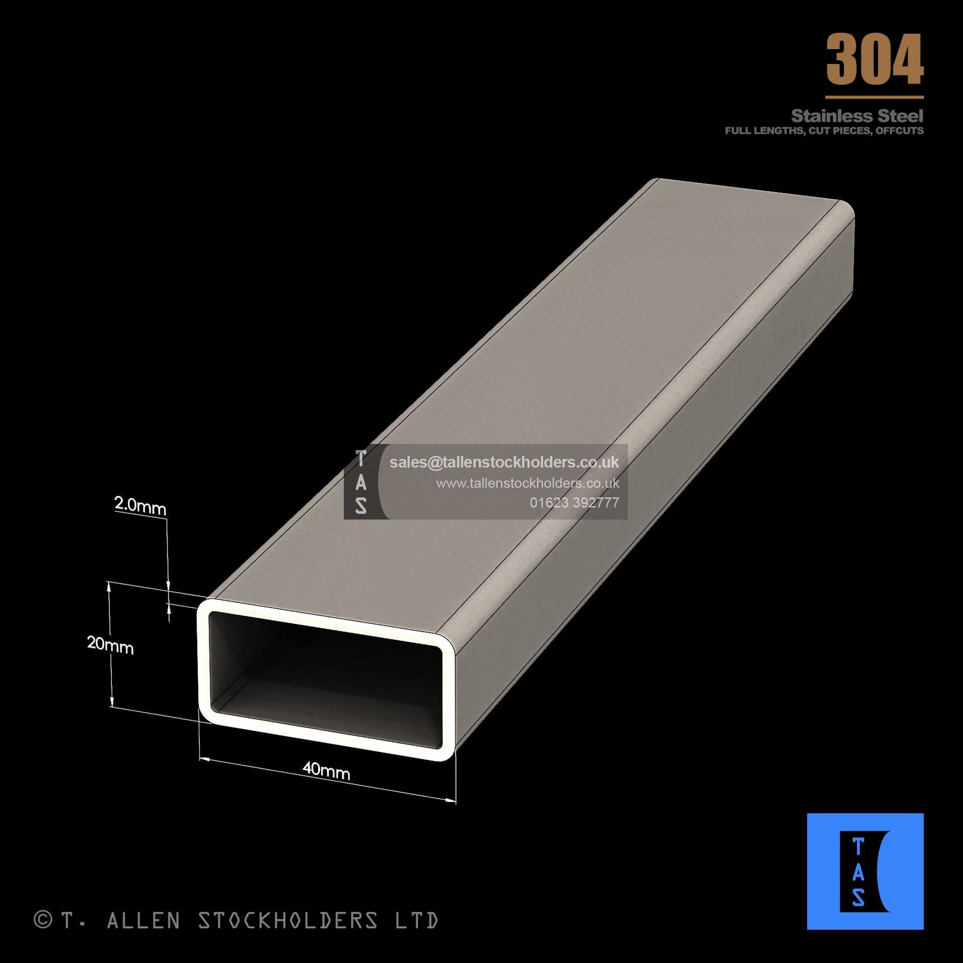 40 X 20 X 2 RECTANGULAR BOX SECTION, RHS, 304 STAINLESS STEEL