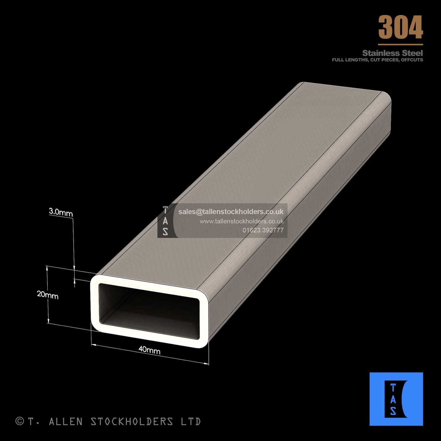 40 X 20 X 3 RECTANGULAR BOX SECTION, RHS, 304 STAINLESS STEEL
