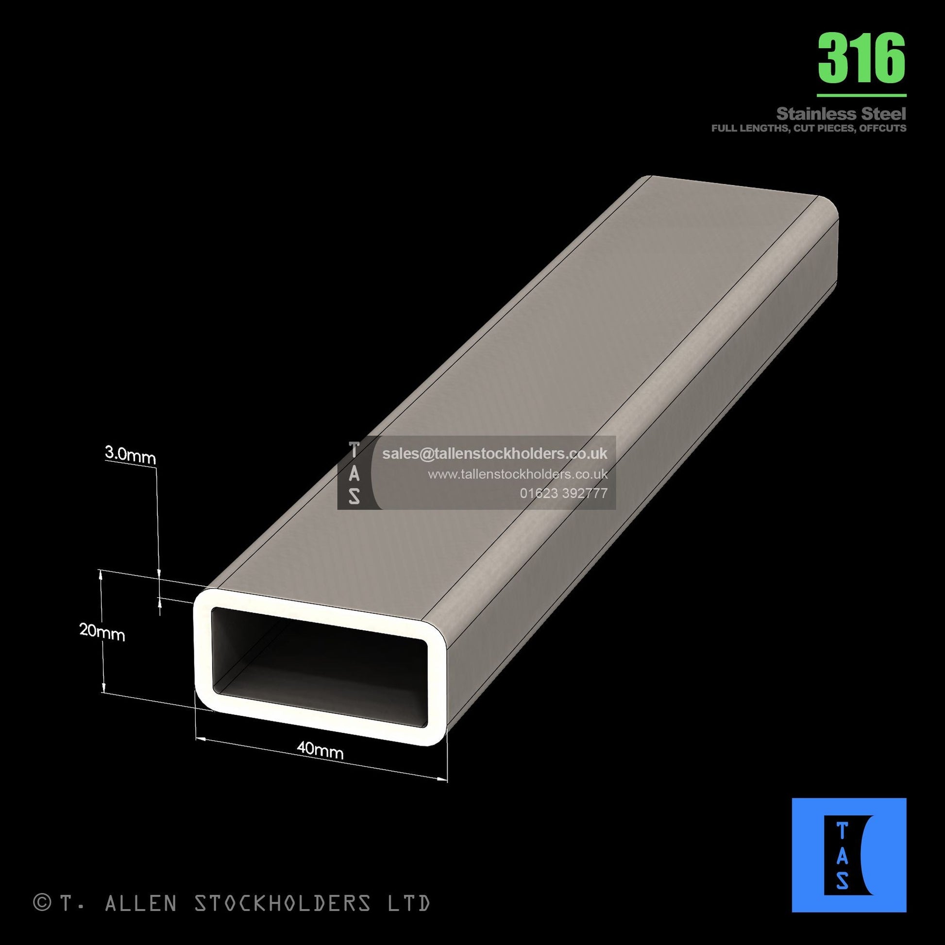 BUY 40 X 20 X 3 RECTANGULAR BOX SECTION, GRADE 316 STAINLESS STEEL