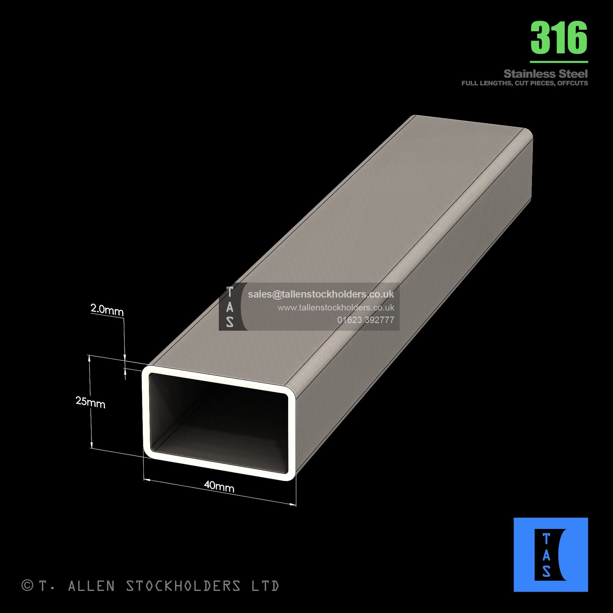 40 X 25 X 2 RECTANGULAR BOX SECTION, RHS, 316 STAINLESS STEEL – T ...