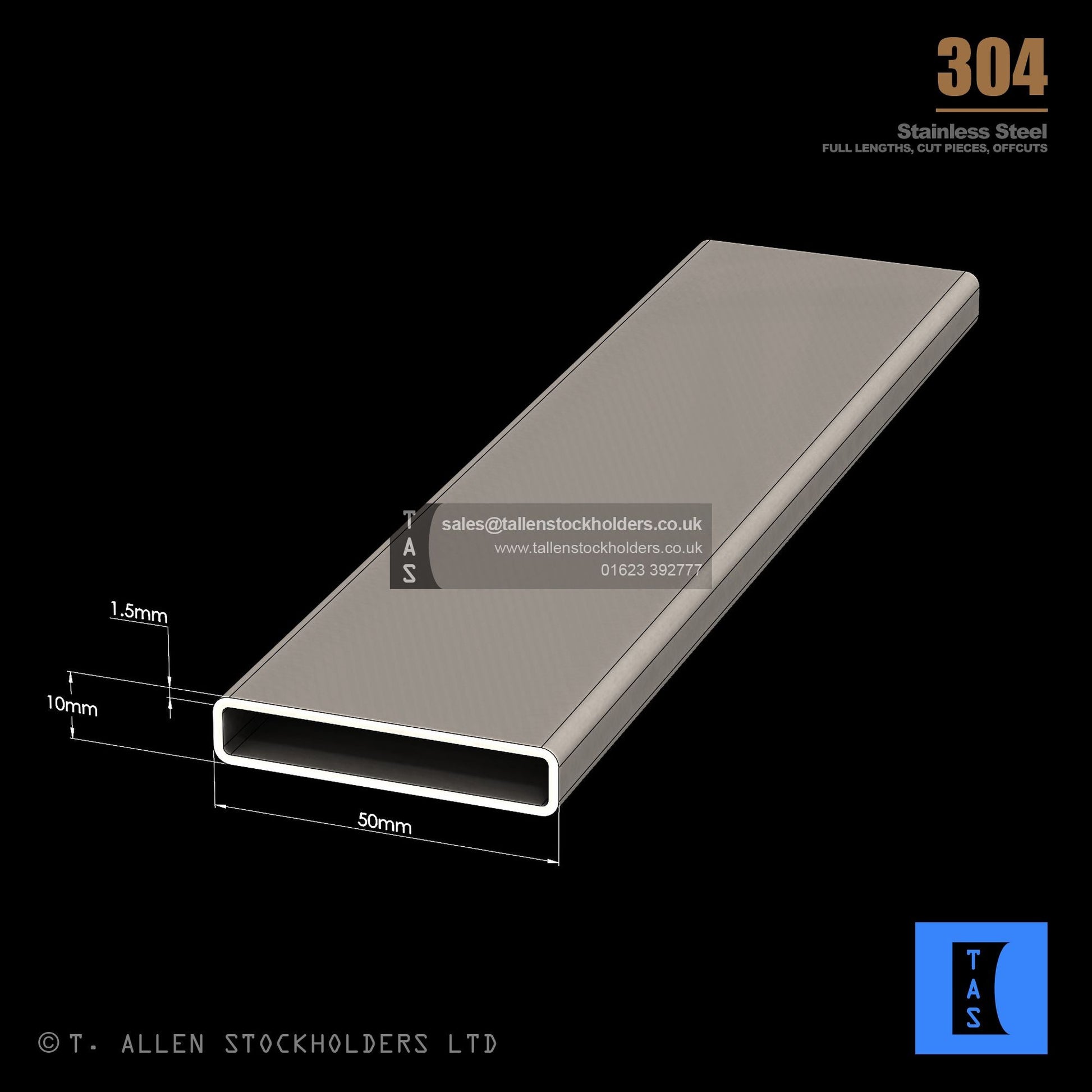 50 X 10 X 1.5 RECTANGULAR BOX SECTION, RHS, 304 STAINLESS STEEL