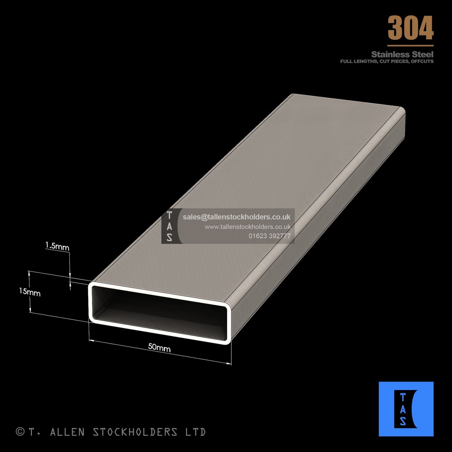 50 X 15 X 1.5 RECTANGULAR BOX SECTION, RHS, 304 STAINLESS STEEL