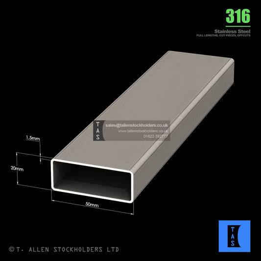 BUY 50 X 20 X 1.5 RECTANGULAR BOX SECTION, GRADE 316 STAINLESS STEEL