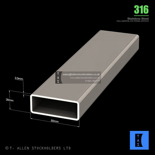 BUY 50 X 20 X 2 RECTANGULAR BOX SECTION, GRADE 316 STAINLESS STEEL