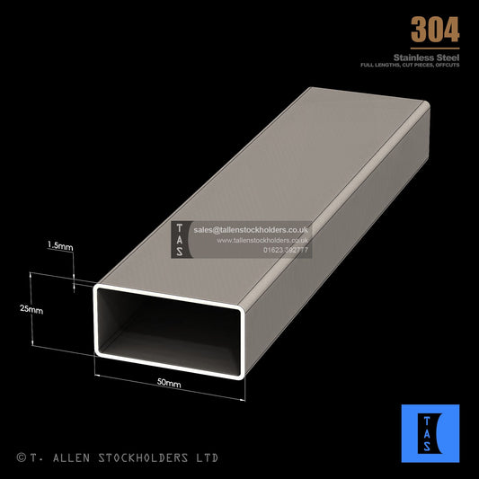 50 X 25 X 1.5 RECTANGULAR BOX SECTION, RHS, 304 STAINLESS STEEL