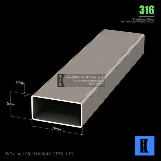 BUY 50 X 25 X 1.5 RECTANGULAR BOX SECTION, GRADE 316 STAINLESS STEEL