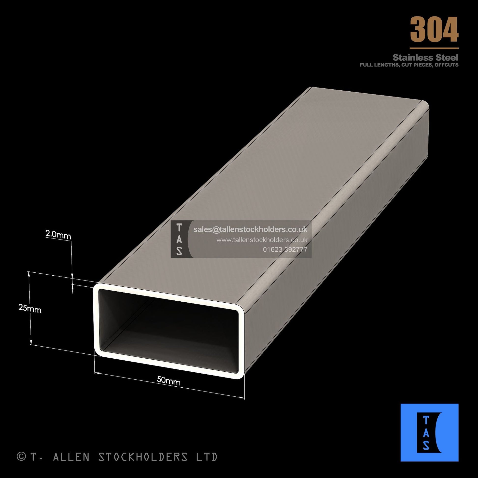 50 X 25 X 2 RECTANGULAR BOX SECTION, RHS, 304 STAINLESS STEEL