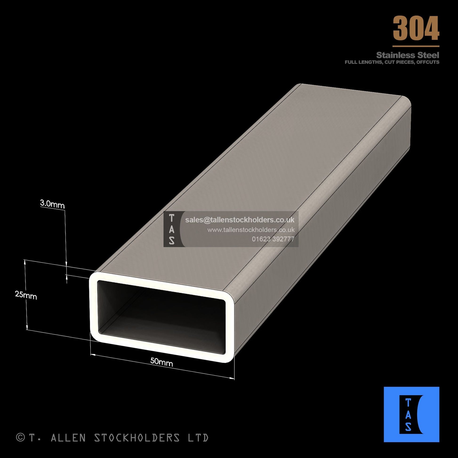 50 X 25 X 3 RECTANGULAR BOX SECTION, RHS, 304 STAINLESS STEEL