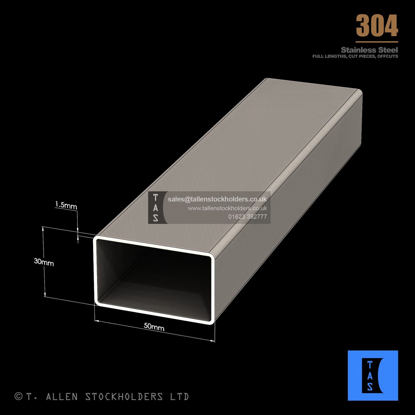50 X 30 X 1.5 RECTANGULAR BOX SECTION, RHS, 304 STAINLESS STEEL
