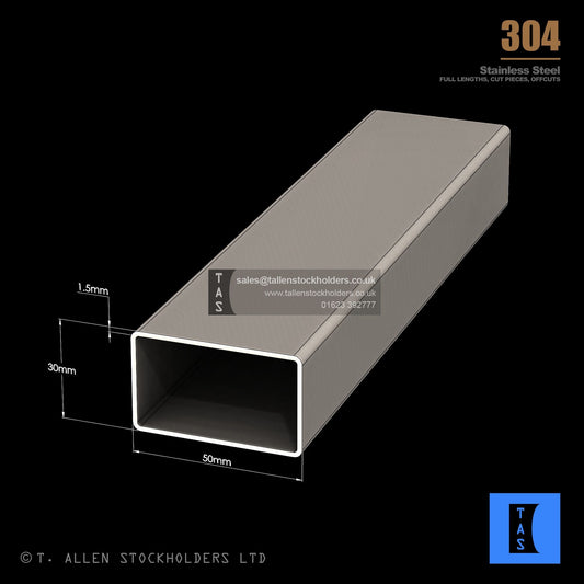 50 X 30 X 1.5 RECTANGULAR BOX SECTION, RHS, 304 STAINLESS STEEL