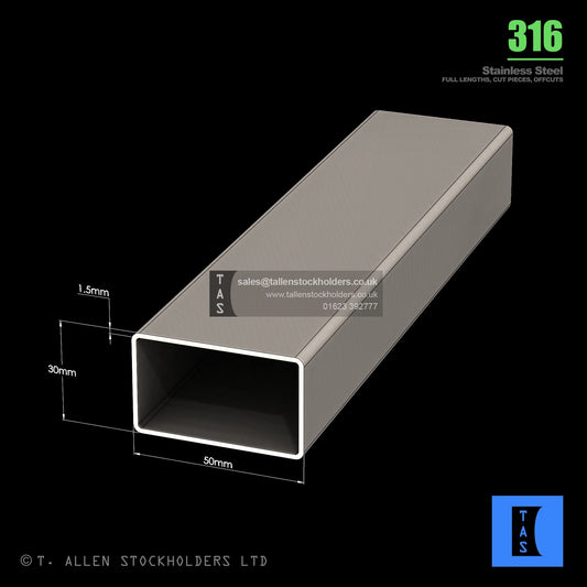 BUY 50 X 30 X 1.5 RECTANGULAR BOX SECTION, GRADE 316 STAINLESS STEEL