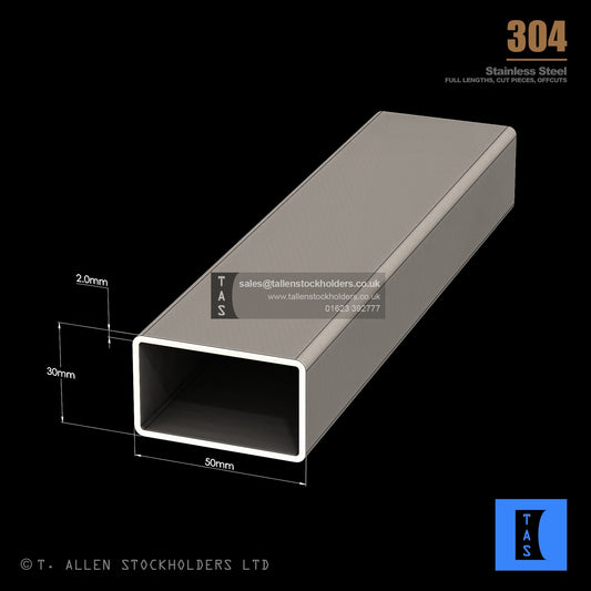 50 X 30 X 2 RECTANGULAR BOX SECTION, RHS, 304 STAINLESS STEEL