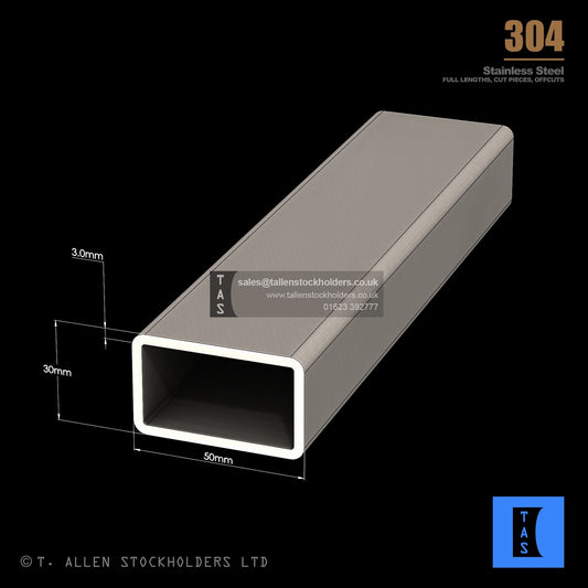 50 X 30 X 3 RECTANGULAR BOX SECTION, RHS, 304 STAINLESS STEEL