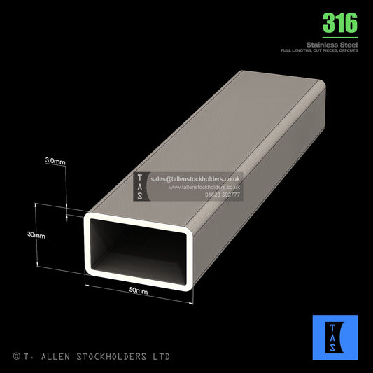BUY 50 X 30 X 3 RECTANGULAR BOX SECTION, GRADE 316 STAINLESS STEEL