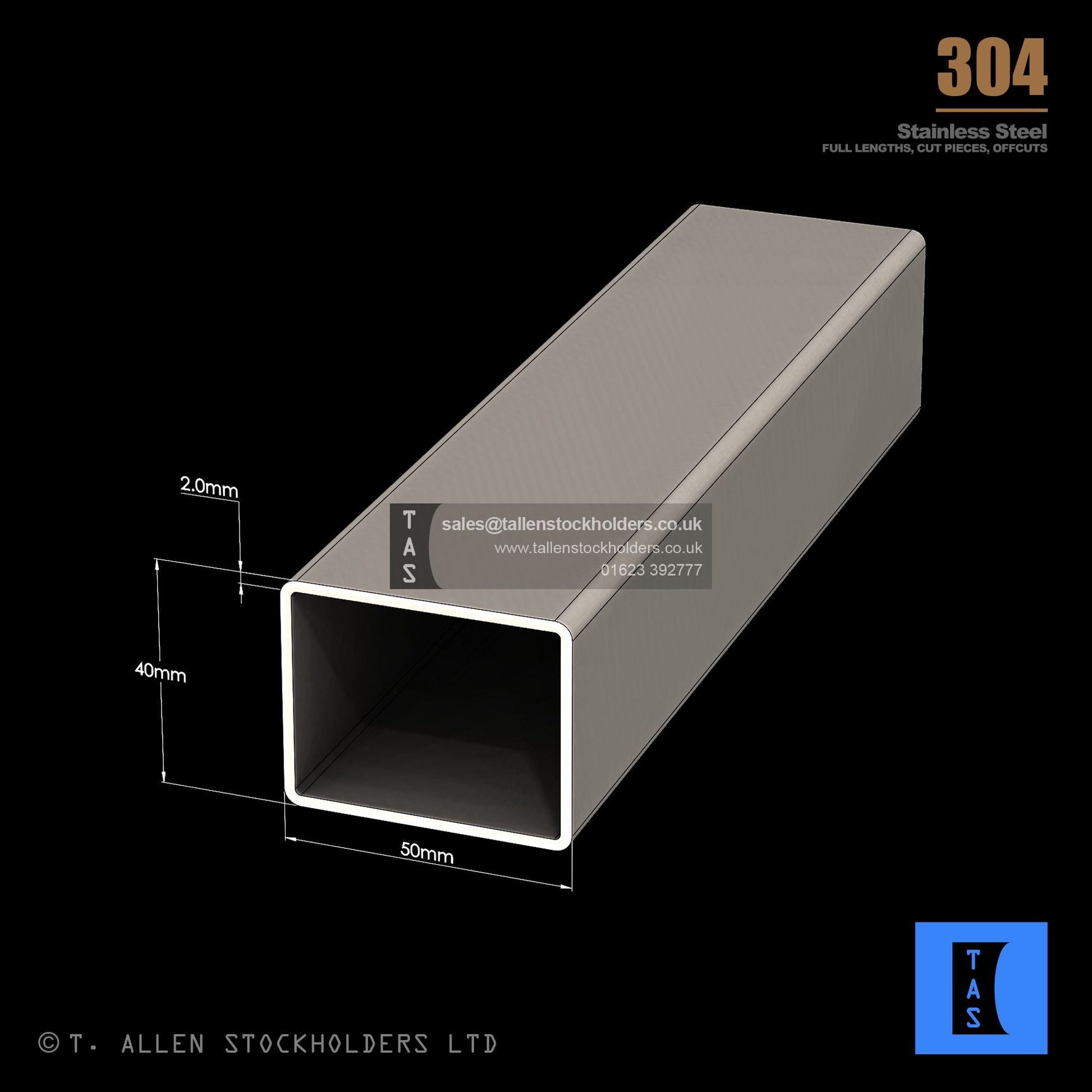 50 X 40 X 2 RECTANGULAR BOX SECTION, RHS, 304 STAINLESS STEEL