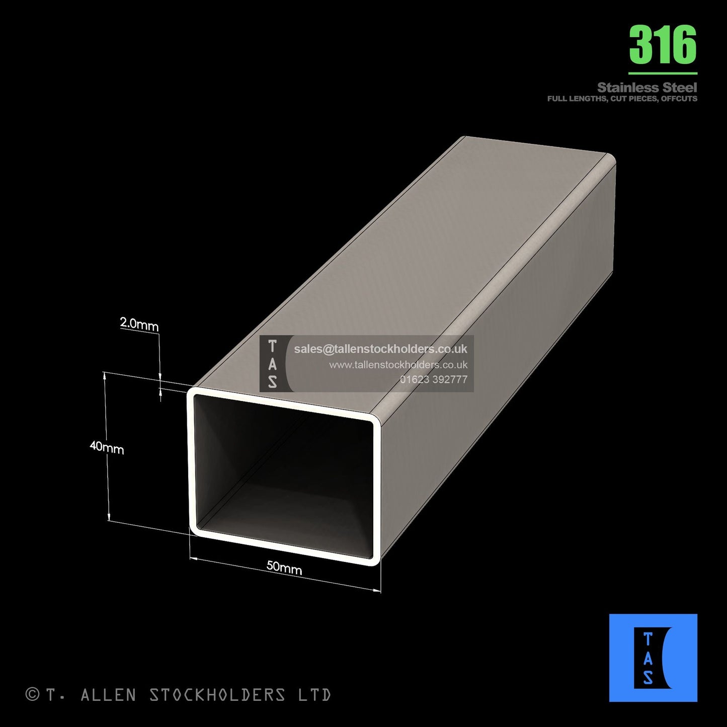 BUY 50 X 40 X 2 RECTANGULAR BOX SECTION, GRADE 316 STAINLESS STEEL