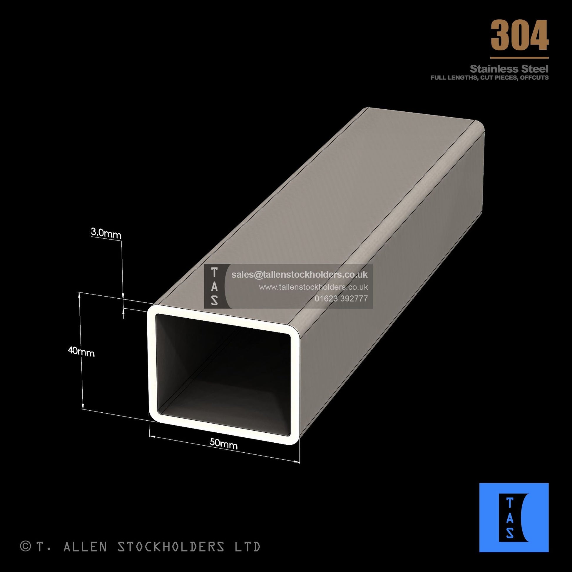 50 X 40 X 3 RECTANGULAR BOX SECTION, RHS, 304 STAINLESS STEEL